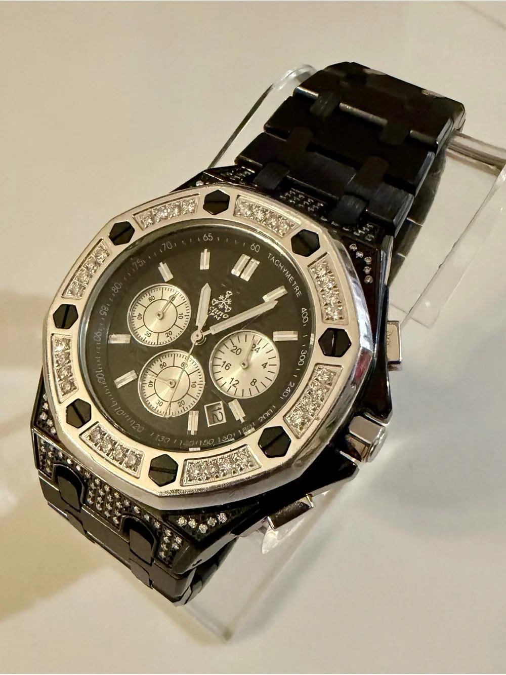Men’s Black and Silver Techno JPM 2.5ct Genuine Diamond Bezel Watch